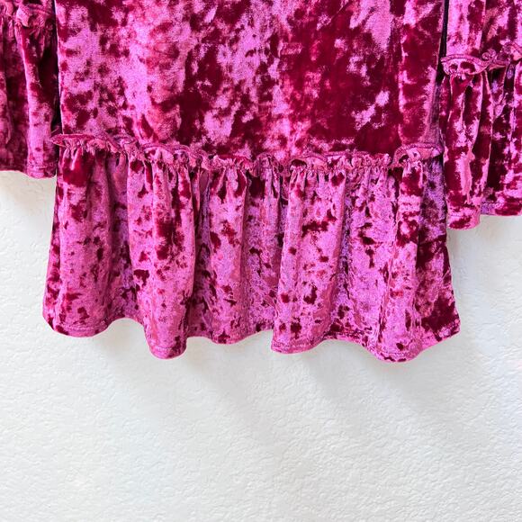 Peek Dress Girls XS 2-3 Fuchsia Crushed Velvet Bell Sleeve Ruffle Holiday Party - Picture 4 of 6